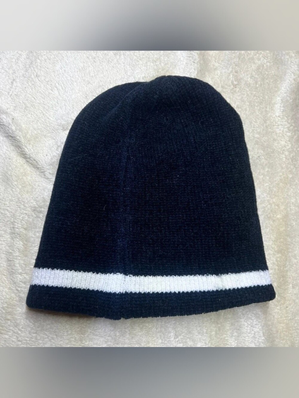 Long Black Adult Unisex Beanie White Stripe Chenille/Acrylic and Poly Fleece